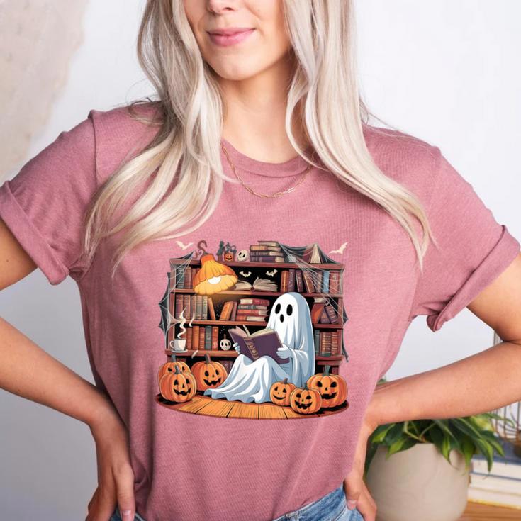 Ghost Book Reading Halloween Books Lover Teacher Women's Heather T-Shirt