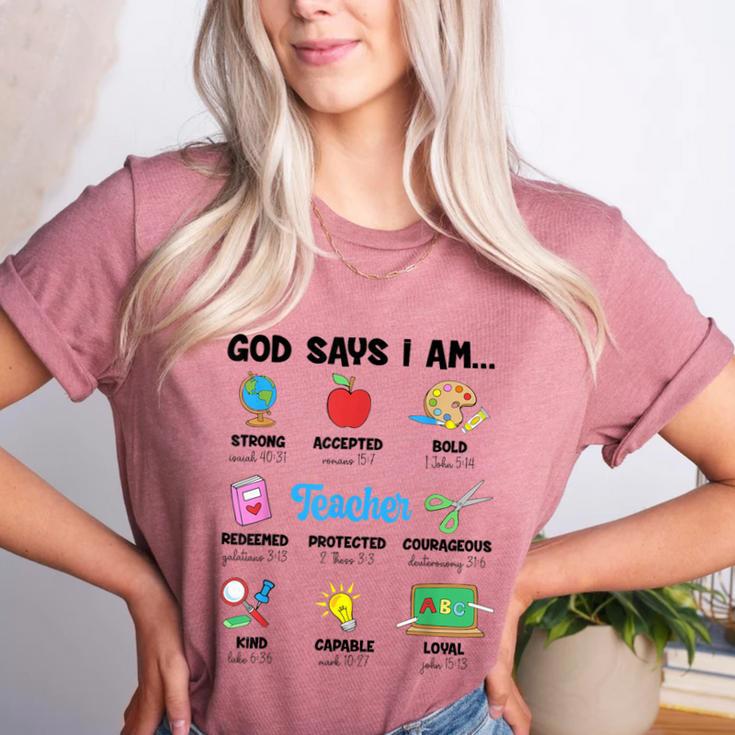 God Says Im Teacher Christian Back To School Religious Women's Heather T-Shirt