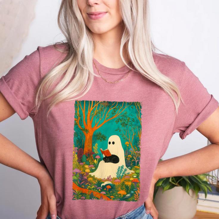 Groovy Ghost Reading Book Cat Halloween Ghost Teacher Women's Heather T-Shirt Groovy Ghost Reading Book Cat Halloween Ghost Teacher Women's Heather T-Shirt