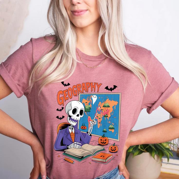 Halloween Skeleton Geography Teacher Pumpkin Bats Classroom Women's Heather T-Shirt Halloween Skeleton Geography Teacher Pumpkin Bats Classroom Women's Heather T-Shirt