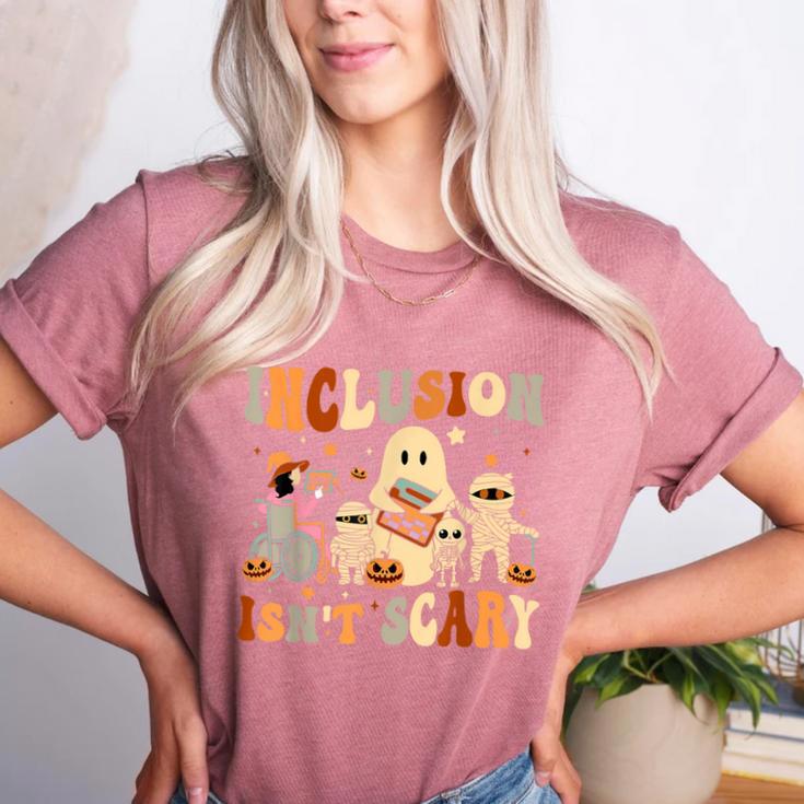 Halloween SLP Sped Teacher Groovy Inclusion Isn't Scary Women's Heather T-Shirt Halloween SLP Sped Teacher Groovy Inclusion Isn't Scary Women's Heather T-Shirt