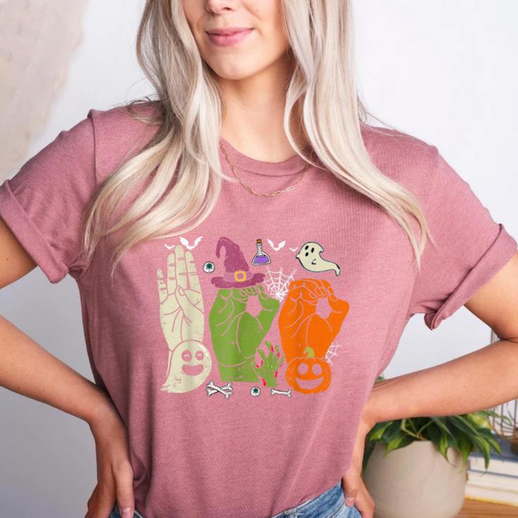 Halloween SPED Teacher Boo In ASL Boo Hands Sign Language Women's Heather T-Shirt Halloween SPED Teacher Boo In ASL Boo Hands Sign Language Women's Heather T-Shirt