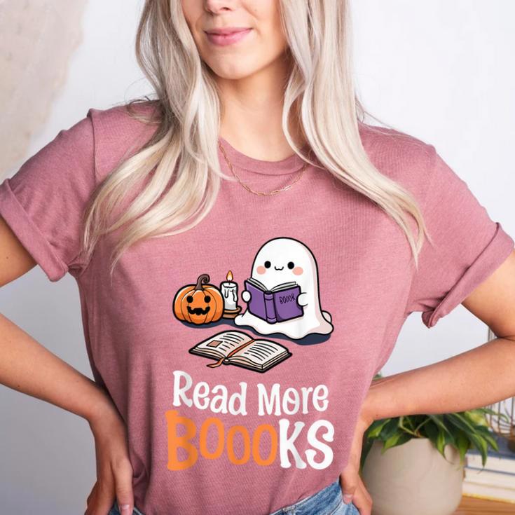 Halloween Teacher Women Cute Reading Ghost Read More Books Women's Heather T-Shirt