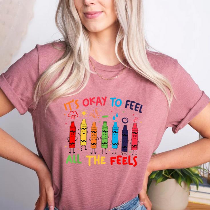 Its Okay To Feel All The Feels Mood Color Crayons Teacher Women's Heather T-Shirt