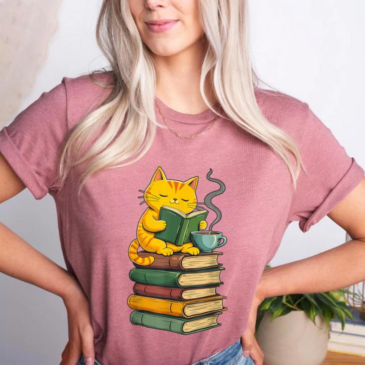 Kawaii Cats Lover Coffee Books Teacher Librarian Cat Women's Heather T-Shirt
