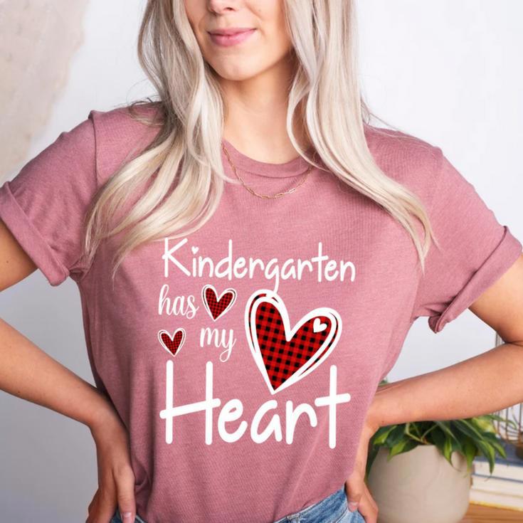 Kindergarten Has My Heart Buffalo Print Teacher Valentine Women's Heather T-Shirt Kindergarten Has My Heart Buffalo Print Teacher Valentine Women's Heather T-Shirt