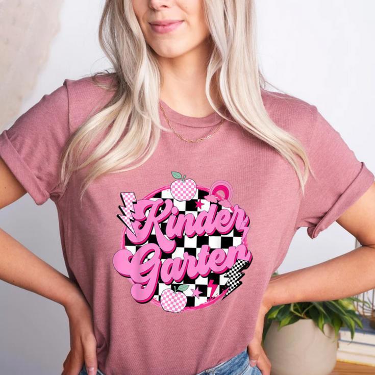 Kindergarten Teacher Women Checkered First Day Of School Women's Heather T-Shirt Kindergarten Teacher Women Checkered First Day Of School Women's Heather T-Shirt