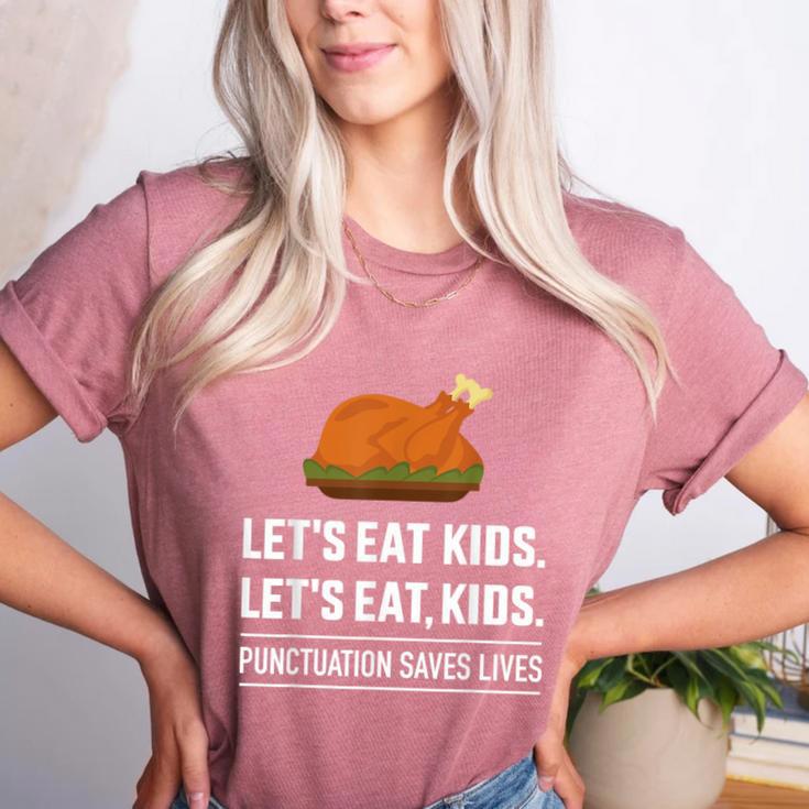 Let's Eat Kids Grammar For Thanksgiving Teacher Women's Heather T-Shirt Let's Eat Kids Grammar For Thanksgiving Teacher Women's Heather T-Shirt