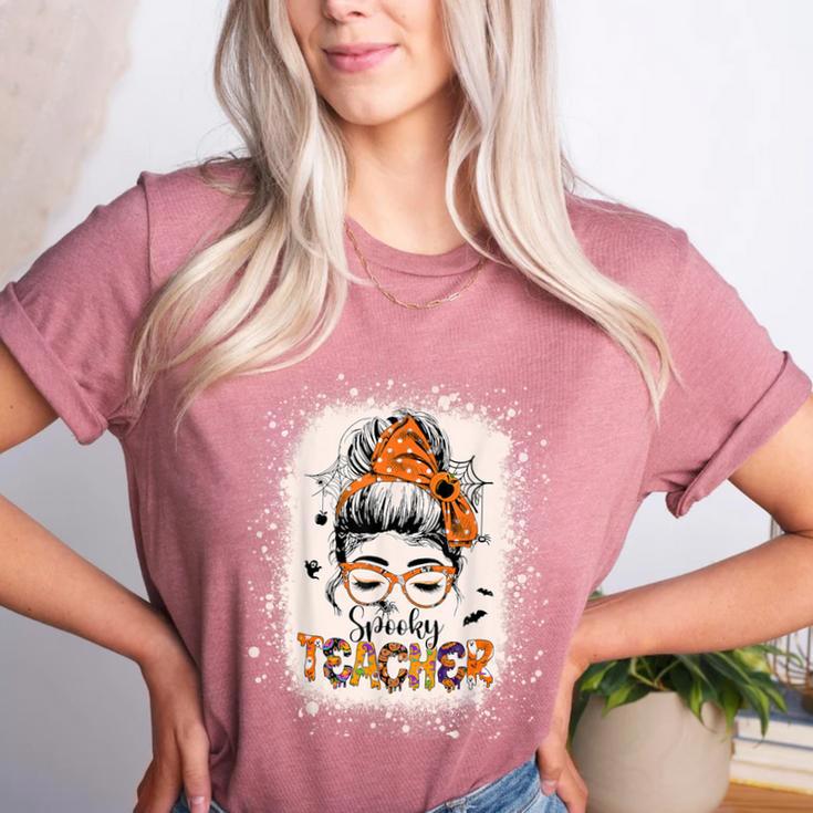 Messy Bun Spooky Teacher Bleached Halloween Teachers Women's Heather T-Shirt
