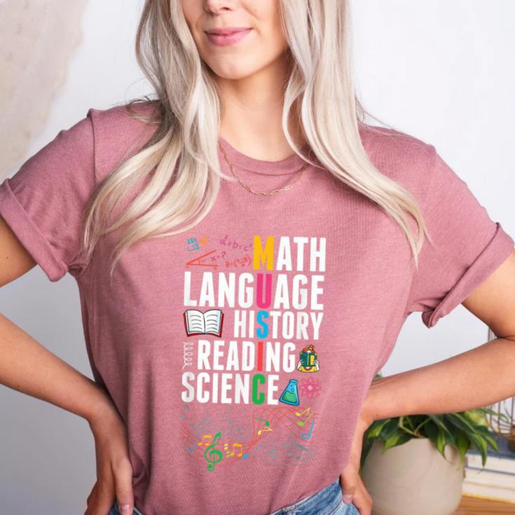 Music Teacher Music Math Language History Reading Science Women's Heather T-Shirt Music Teacher Music Math Language History Reading Science Women's Heather T-Shirt