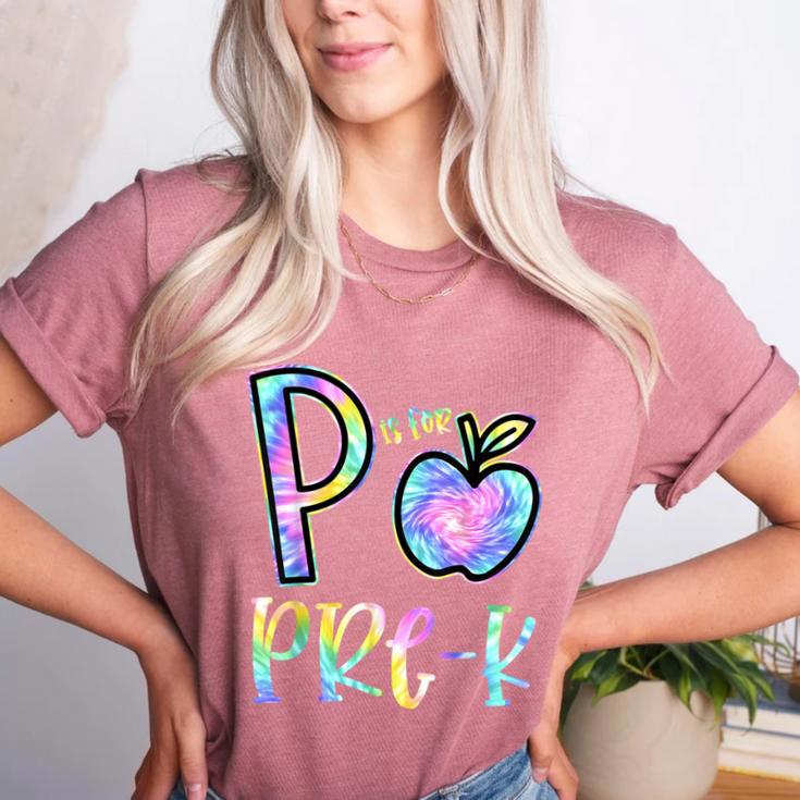 P Is For Pre-K Preschool Teacher Tie Dye Back To School Women's Heather T-Shirt P Is For Pre-K Preschool Teacher Tie Dye Back To School Women's Heather T-Shirt