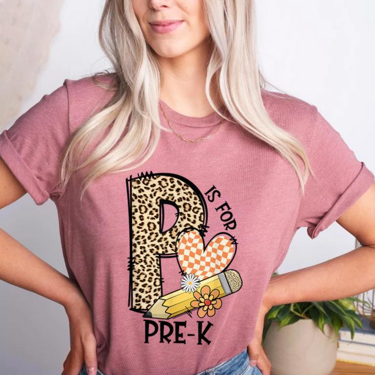 P Is For Pre K Teacher Leopard First Day Of School For Men Women Girls Kids Women's Heather T-Shirt