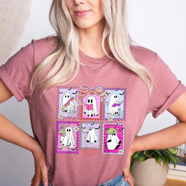 Preppy Spooky Teacher Halloween Ghost Coquette Bow Autumn Women's Heather T-Shirt Preppy Spooky Teacher Halloween Ghost Coquette Bow Autumn Women's Heather T-Shirt