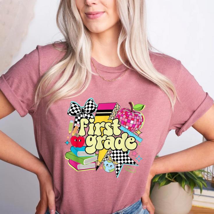 Retro First Grade Teacher Disco Ball Coquette Back To School Women's Heather T-Shirt
