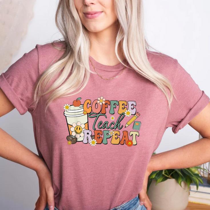 Retro Grovvy Coffee Teach Repeat Teacher Women's Heather T-Shirt Retro Grovvy Coffee Teach Repeat Teacher Women's Heather T-Shirt