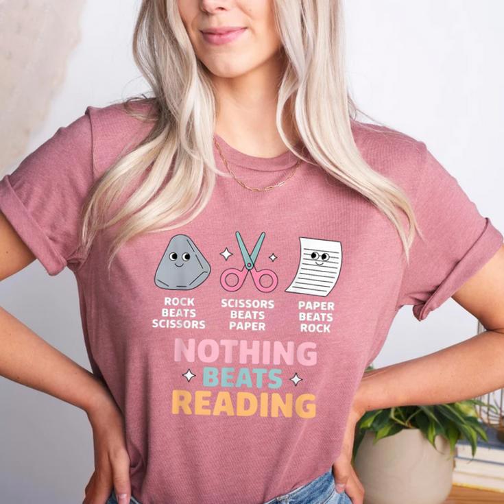 Rock Paper Scissors Teacher Librarian Nothing Beats Reading Women's Heather T-Shirt Rock Paper Scissors Teacher Librarian Nothing Beats Reading Women's Heather T-Shirt