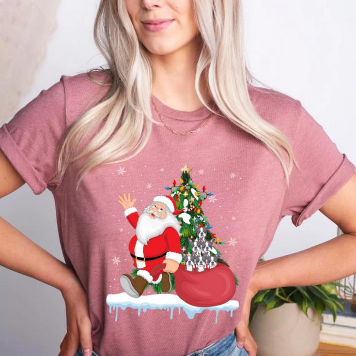 Santa Ugly Christmas Tree Lights Boston Terrier Dog Lover Women's Heather T-Shirt