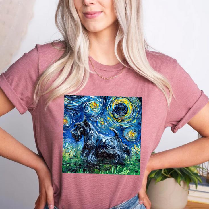 Scottish Terrier Starry Night Scotty Dog Art By Aja Women's Heather T-Shirt