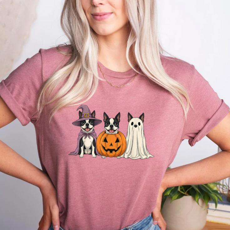 Spooky Ghost Boston Terrier Pumpkin Halloween Dog Lover Women's Heather T-Shirt