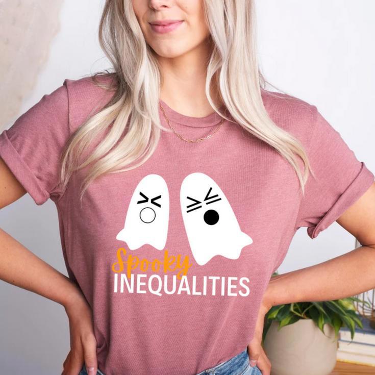 Spooky Inequalities Ghosts Halloween Math Teacher Women's Heather T-Shirt Spooky Inequalities Ghosts Halloween Math Teacher Women's Heather T-Shirt