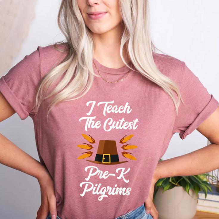 I Teach The Cutest Pre-K Pilgrims Thanksgiving Teacher Item Women's Heather T-Shirt