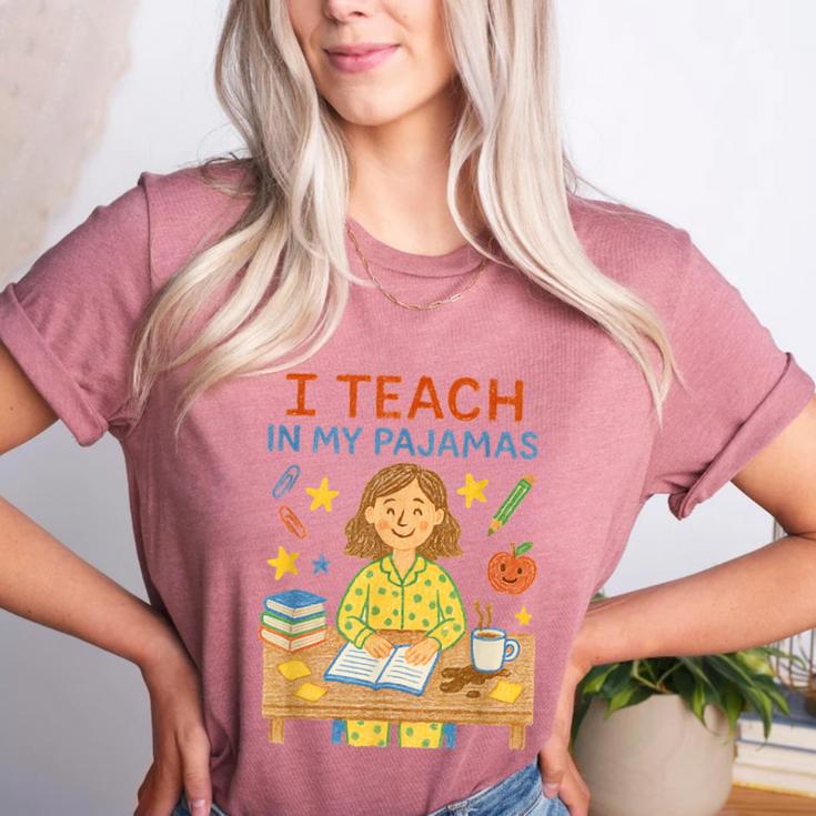 I Teach In My Pajamas Crayon Home School Teacher PJs Women's Heather T-Shirt