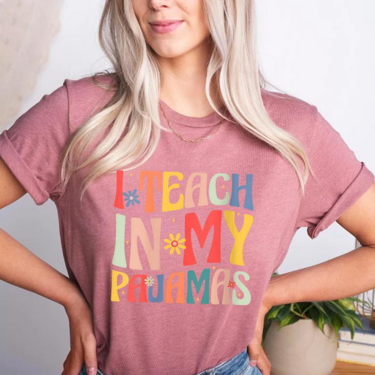 I Teach In My Pajamas Retro Groovy Teacher Humor Women's Heather T-Shirt