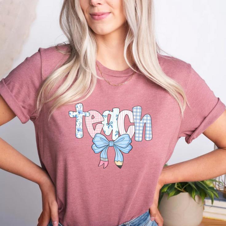 Teach Teacher Coquette Bow Pencil Back To School First Day Women's Heather T-Shirt Teach Teacher Coquette Bow Pencil Back To School First Day Women's Heather T-Shirt