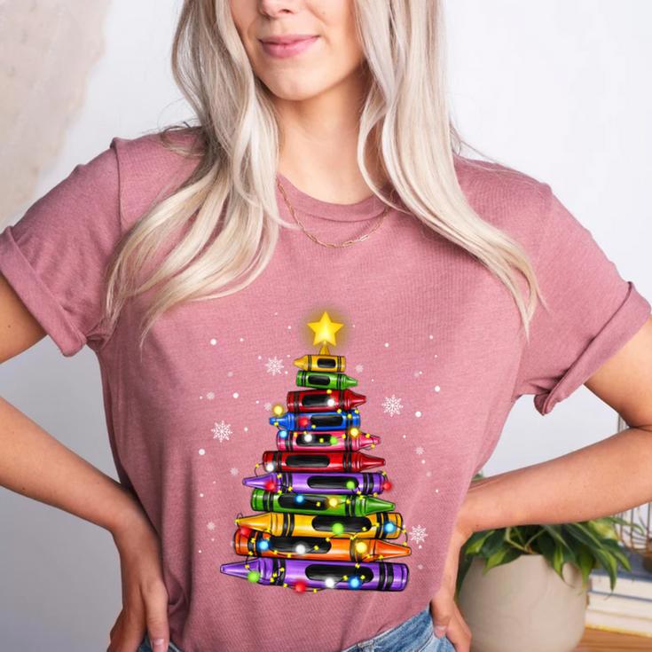 Teacher Crayon Christmas Tree Lights Student School Xmas Women's Heather T-Shirt Teacher Crayon Christmas Tree Lights Student School Xmas Women's Heather T-Shirt