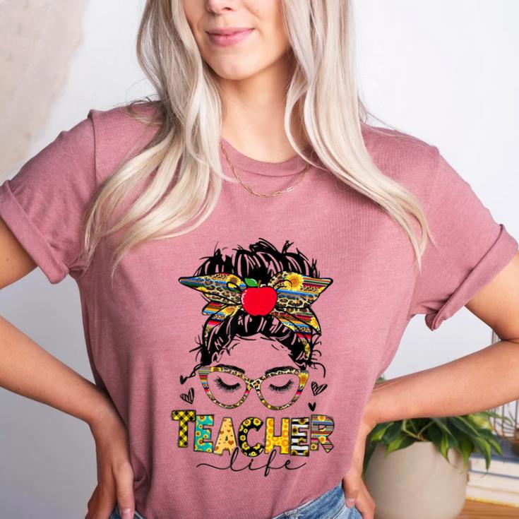 Teacher Life Messy Bun Glasses Leopard Sunflower Women's Heather T-Shirt Teacher Life Messy Bun Glasses Leopard Sunflower Women's Heather T-Shirt
