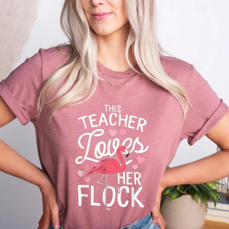 This Teacher Loves Her Flock Flamingo Teacher Class Women's Heather T-Shirt