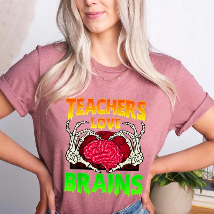 Teacher Teachers Love Brains Skeleton Hand Heart Halloween Women's Heather T-Shirt