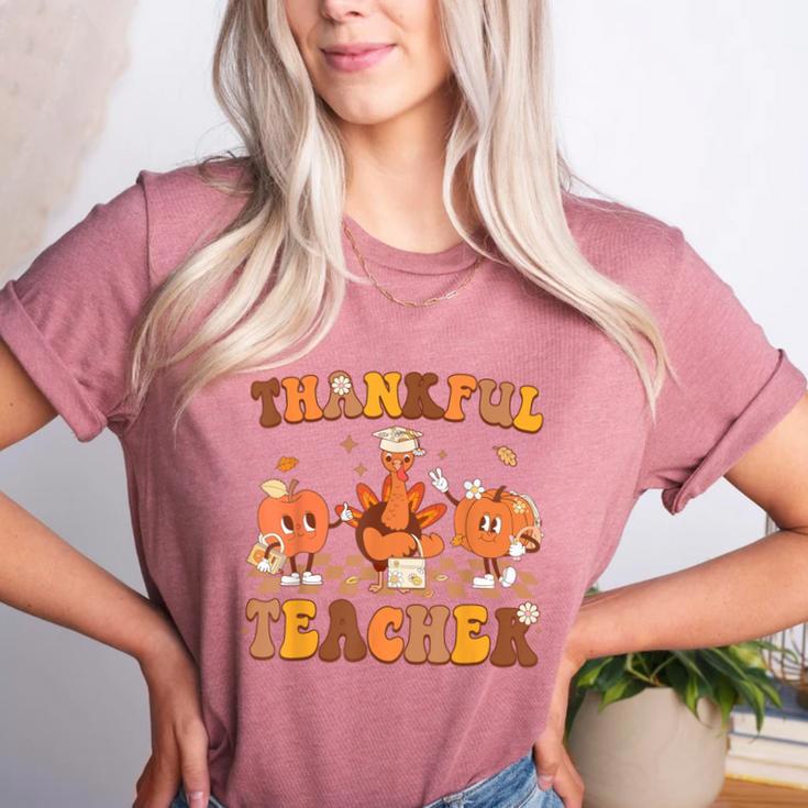 Thankful Teacher Retro Groovy Thanksgiving Fall Women Men Women's Heather T-Shirt Thankful Teacher Retro Groovy Thanksgiving Fall Women Men Women's Heather T-Shirt