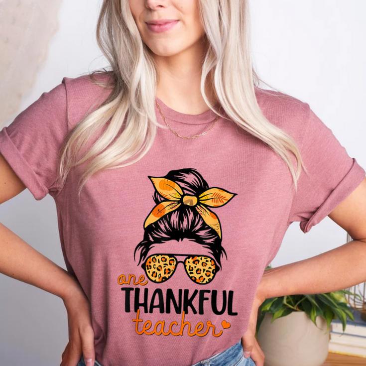 Thanksgiving Shirt Teacher Women Messy Bun Thankful Teacher Women's Heather T-Shirt Thanksgiving Shirt Teacher Women Messy Bun Thankful Teacher Women's Heather T-Shirt