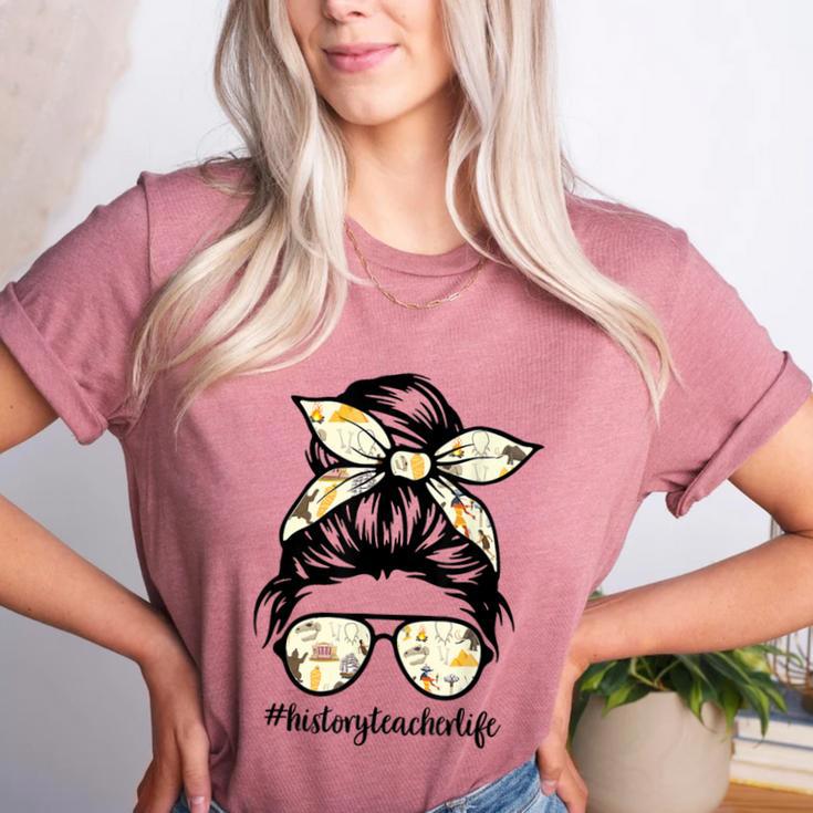 History Teacher Messy Bun Life Hair Glasses Women's Heather T-Shirt History Teacher Messy Bun Life Hair Glasses Women's Heather T-Shirt