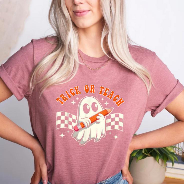 Trick Or Teach Groovy Retro Ghost Halloween Teacher Kids Women's Heather T-Shirt Trick Or Teach Groovy Retro Ghost Halloween Teacher Kids Women's Heather T-Shirt