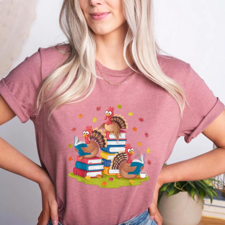 Turkey Reading Books Fall Season Thanksgiving Teacher Book Women's Heather T-Shirt Turkey Reading Books Fall Season Thanksgiving Teacher Book Women's Heather T-Shirt