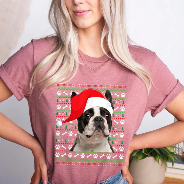Ugly Xmas Sweater Santa Boston Terrier Dog Christmas For Men Women Kids Women's Heather T-Shirt