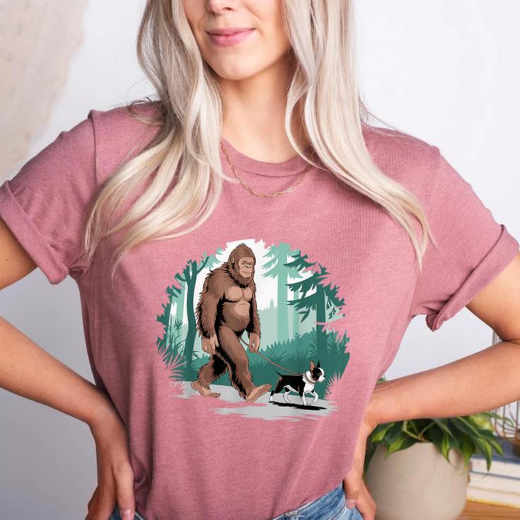 Whimsical Forest Adventures Sasquatch Bigfoot Walking Boston Terrier Dog Lovers Women's Heather T-Shirt