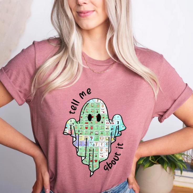 AAC Ghost Tell Me About It Speech Pathology AAC Sped Teacher Women's Heather T-Shirt