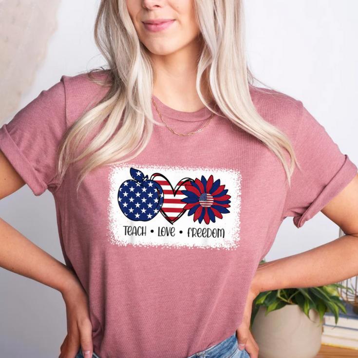 American Flag Teach Love Freedom Preschool Teacher 4th July Women's Heather T-Shirt