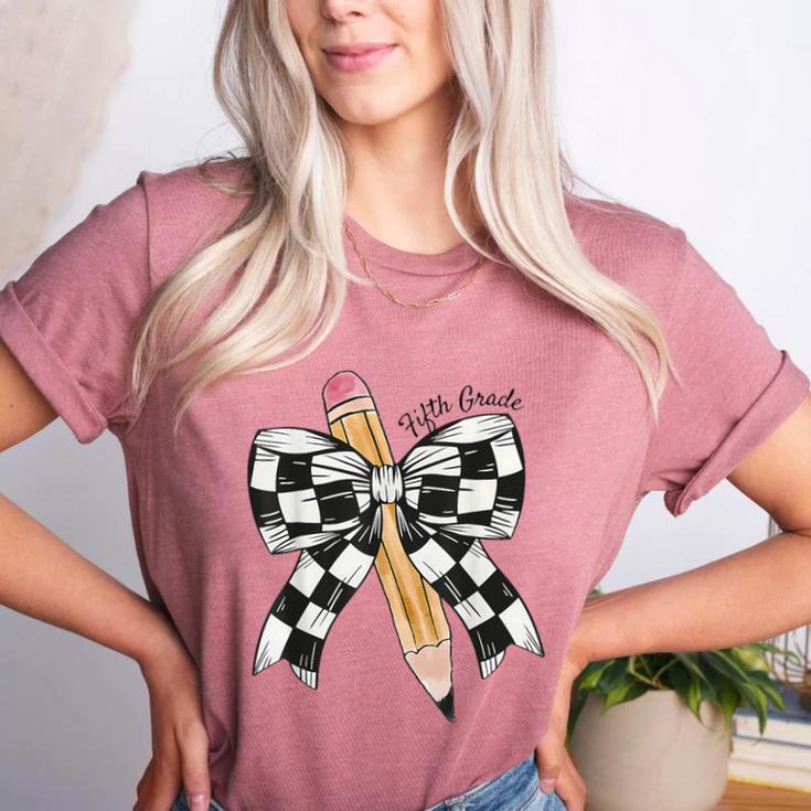 Back To School Hello Fifth Grade Teacher Coquette Pencil Bow Women's Heather T-Shirt