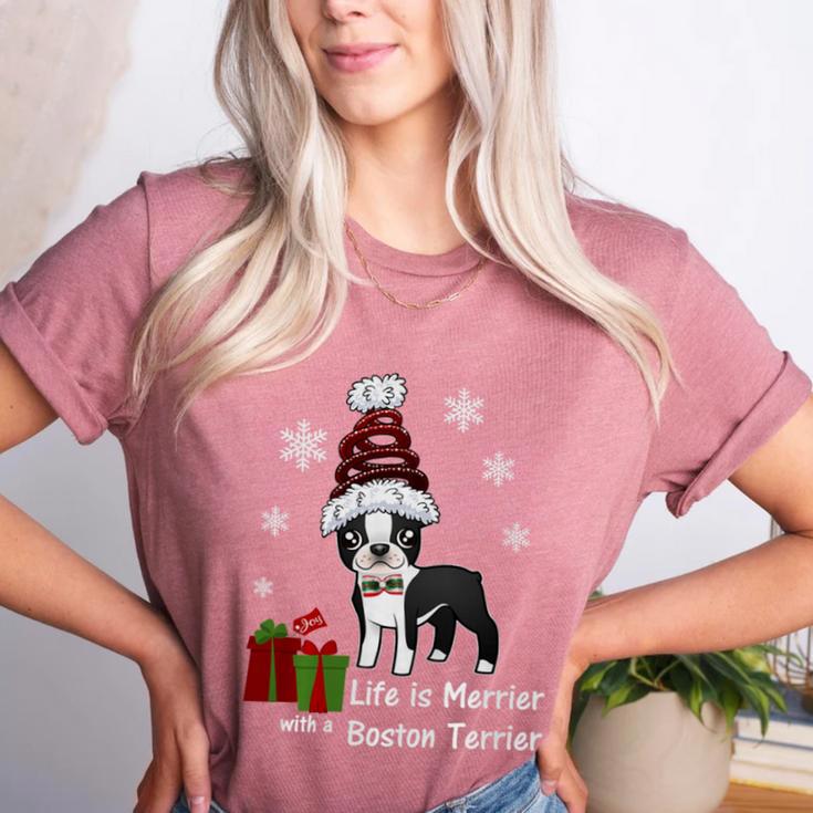 Boston Terrier Christmas T Shirt-Life Is Merrier Premium Tri-Blend Women's Heather T-Shirt