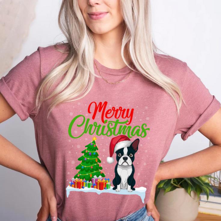 Boston Terrier Christmas Tree Lights Xmas Dog Lover Women's Heather T-Shirt