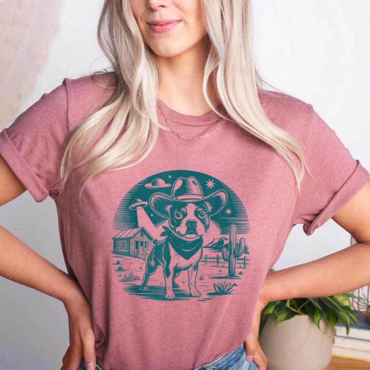Boston Terrier Cowboy UFO Shirt Vintage Western Dog Mom Tee Women's Heather T-Shirt