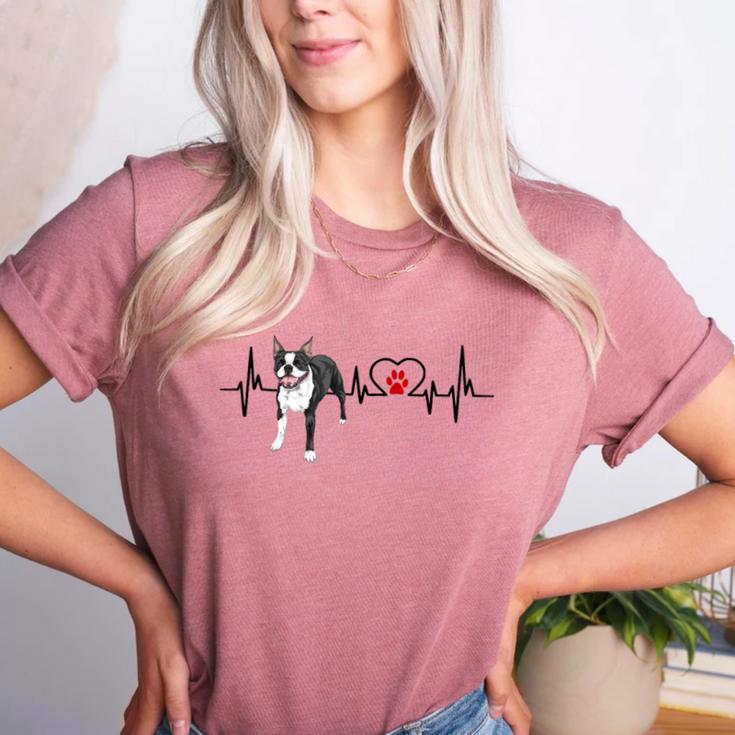 Boston Terrier EKG Heartbeat Heart Line Dog Lovers Women's Heather T-Shirt