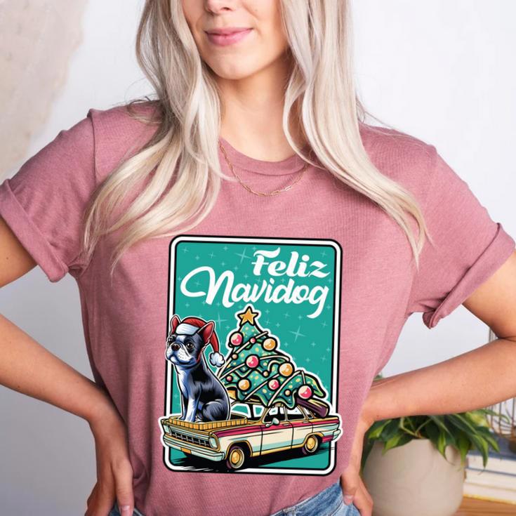 Boston Terrier Merry Christmas Tree Truck Dog X-Mas Women's Heather T-Shirt