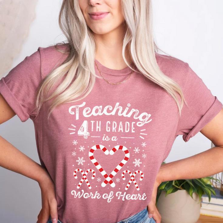 Christmas Candy Cane Work Of Heart Fourth 4th Grade Teacher Women's Heather T-Shirt