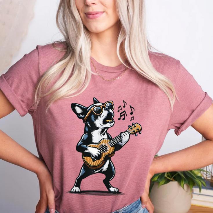 Dog Playing Guitar Singing Boston Terrier  For Men Women Girls Kids Women's Heather T-Shirt
