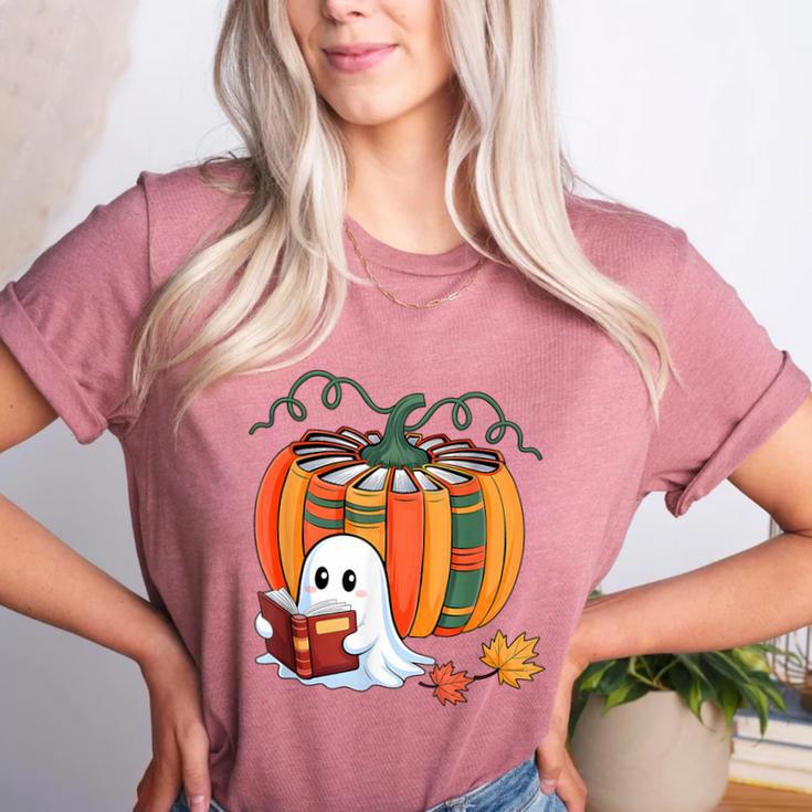 Fall Book Pumpkin Books Ghost Reading Halloween Teacher Women's Heather T-Shirt